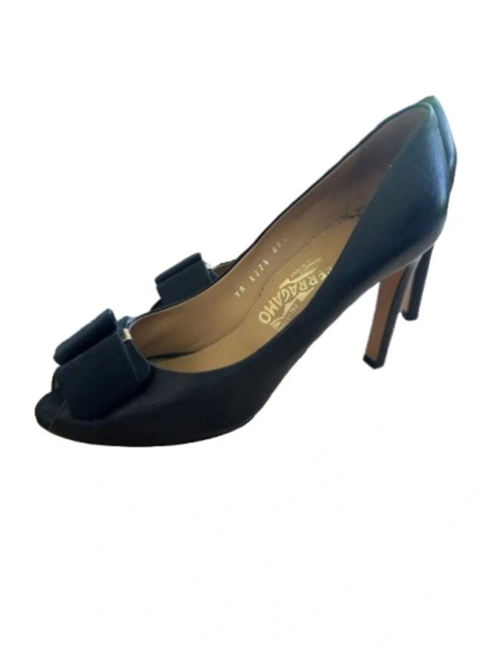 SALVATORE FERRAGAMO Black Leather Vara Bow Peep Toe Heels